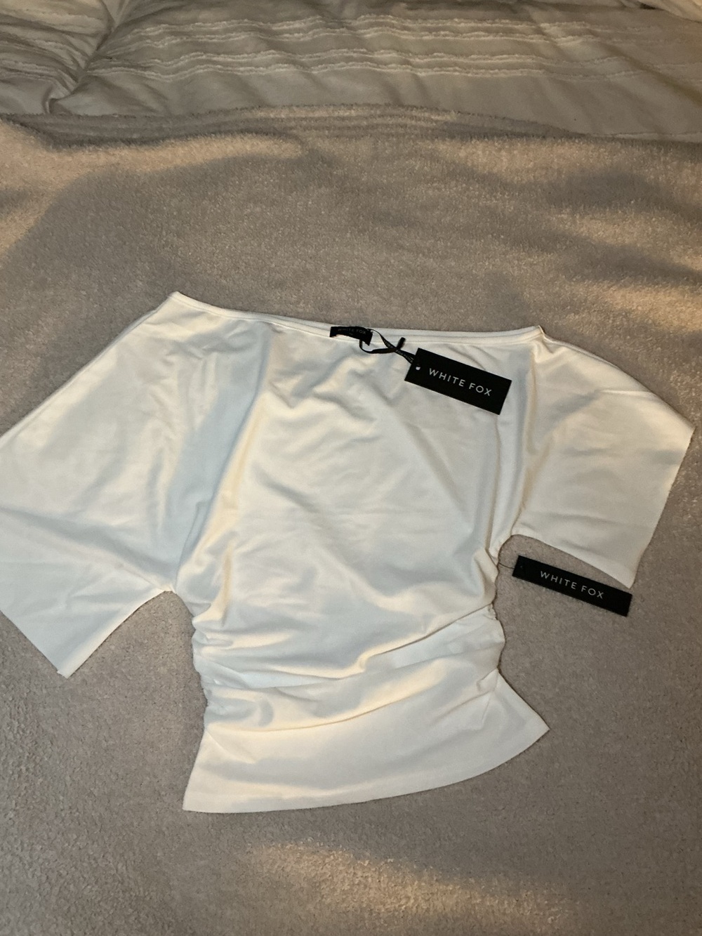 White Fox Boutique White Off-Shoulder Ruched Short Sleeve Top